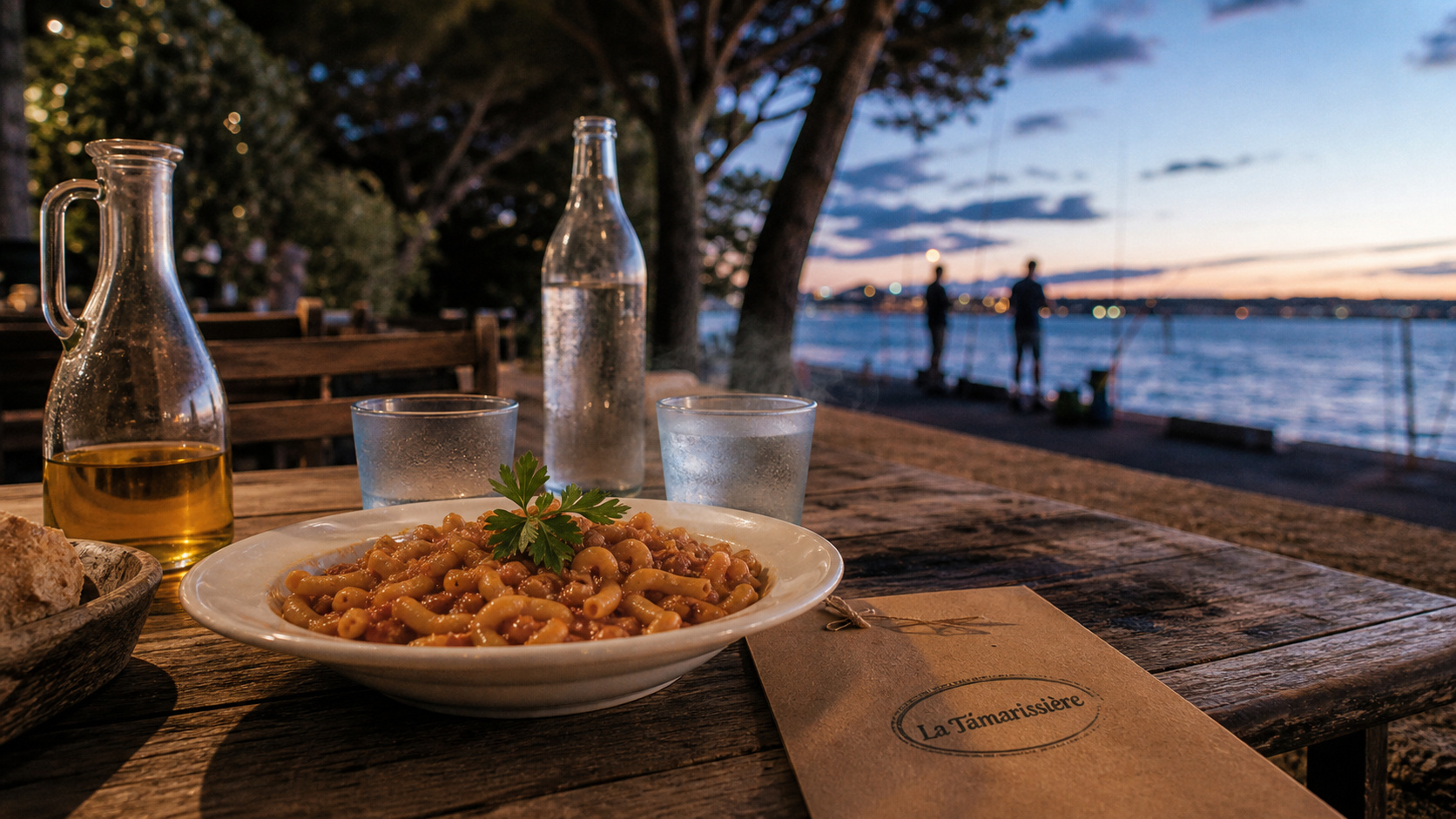 Restaurant la tamarissiere : table bois et macaronade sétoise au bord du quai