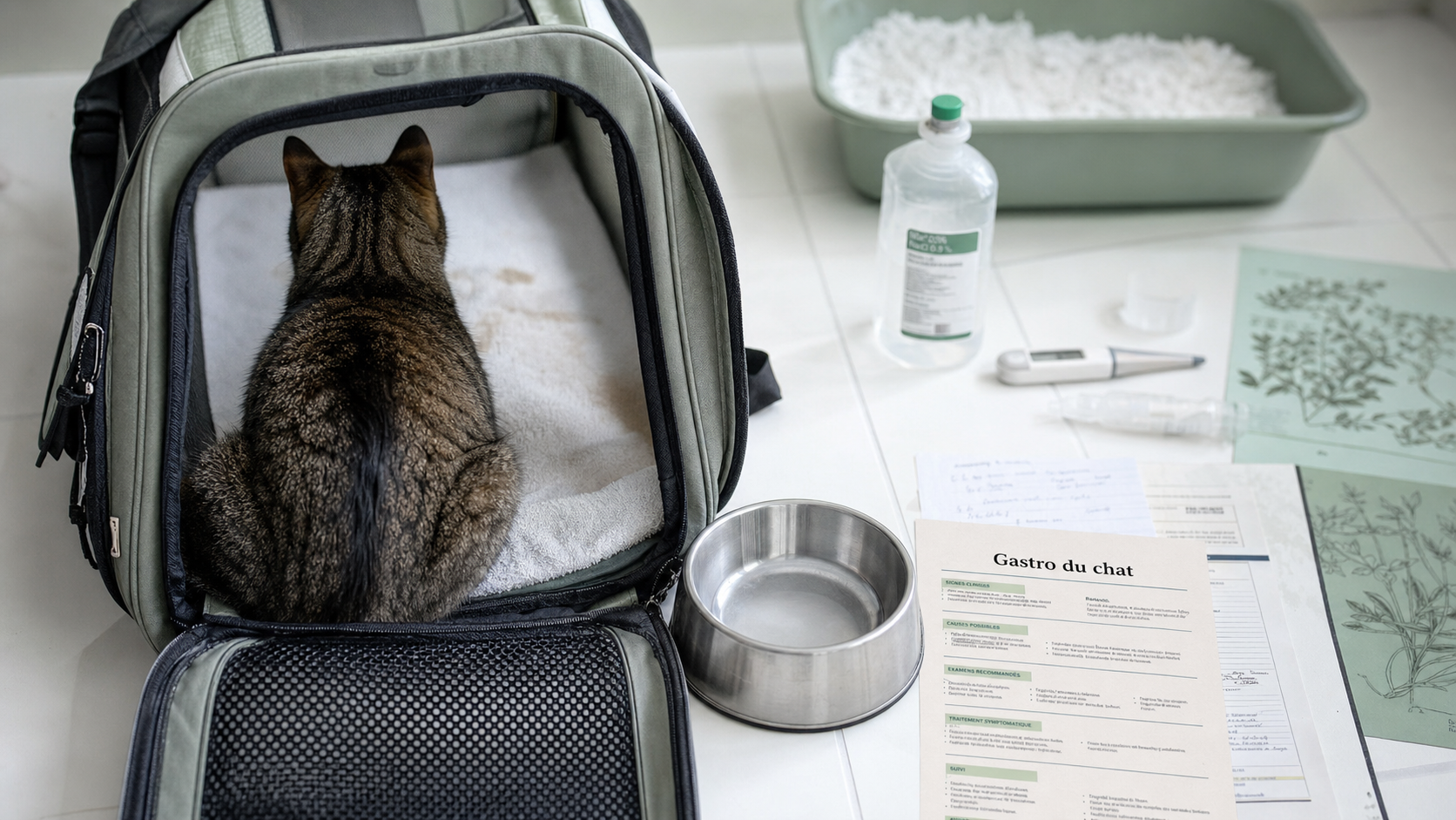 Gastro du chat : chat en caisse, contexte vétérinaire