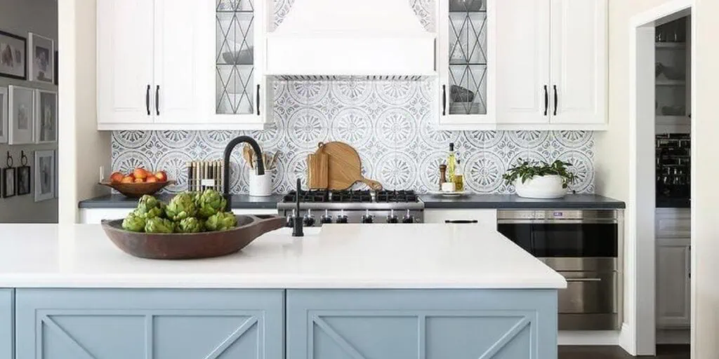 kitchen with pretty blue tile and island for a focal point