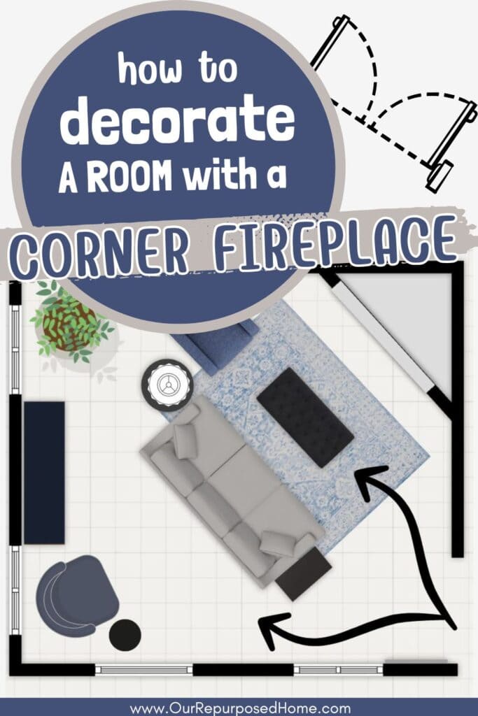 Pinterest Pin for how to decorate your room with a corner fireplace