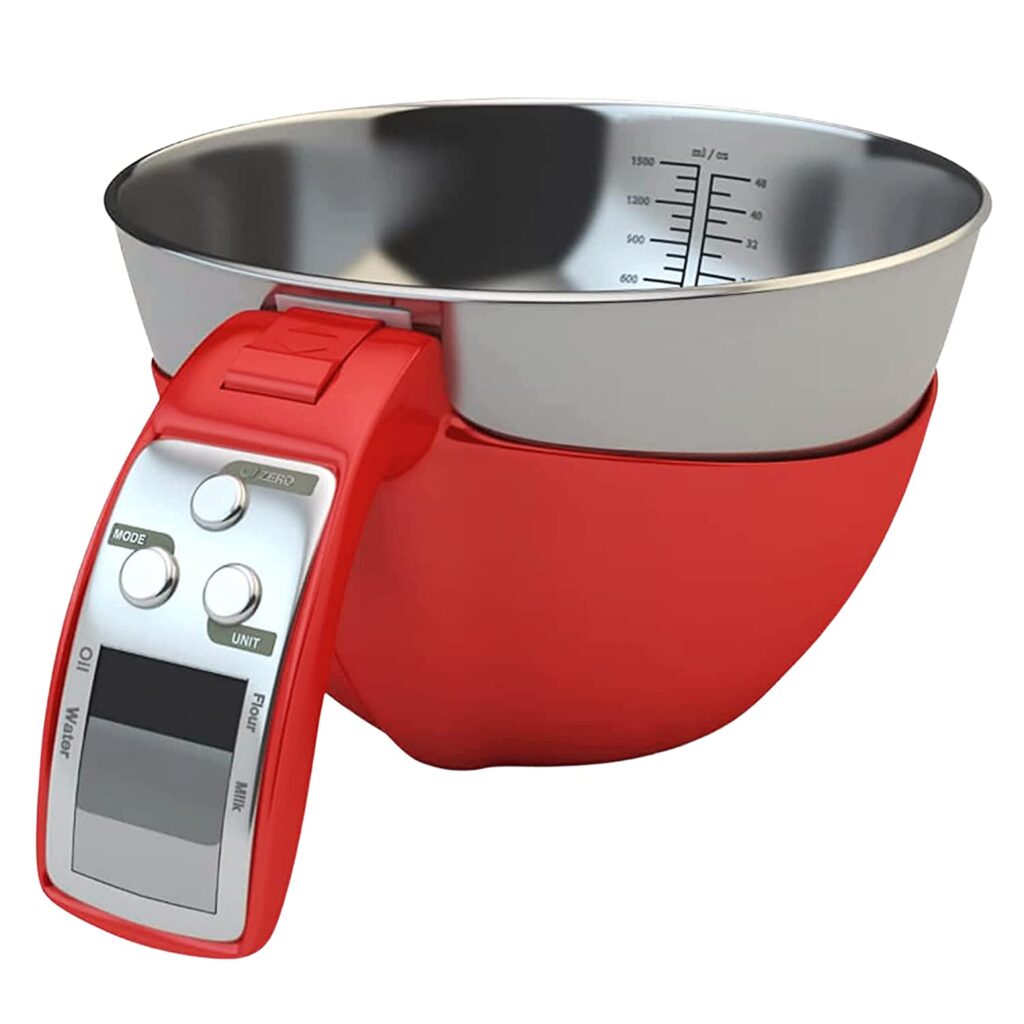 digital kitchen food scale with bowl and measuring cup