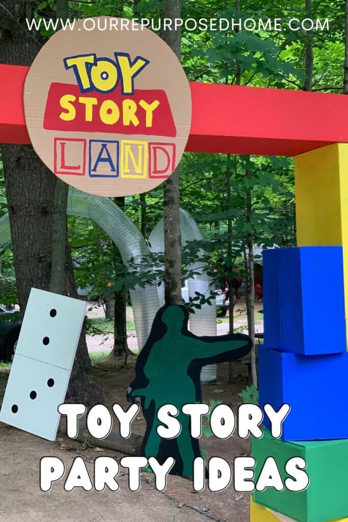 Toy Story Land sign with painted blocks for entrance to a Halloween walk-thru