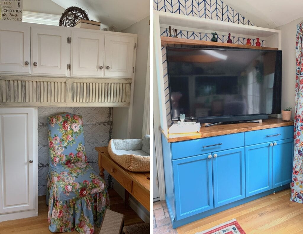 before and after of painted built-ins