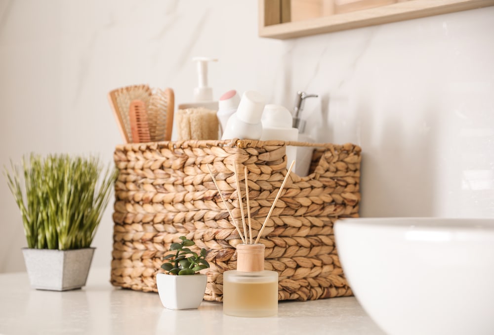 basket of toiletries for a guest bath