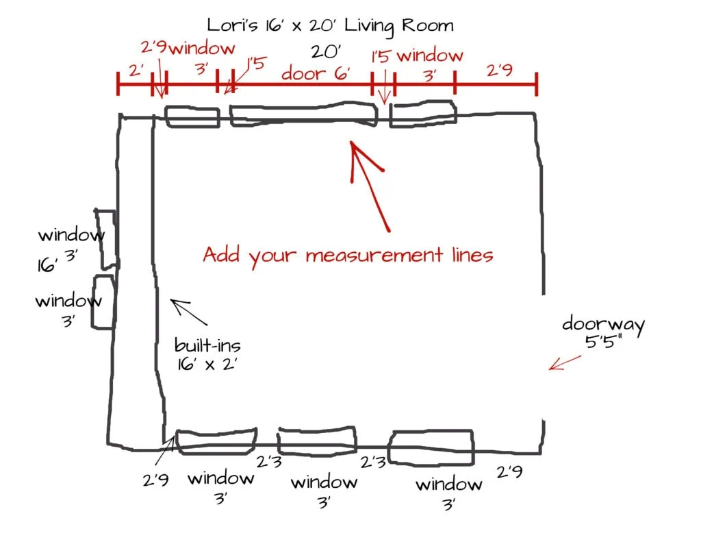 hand drawing of a floor plan with measurements