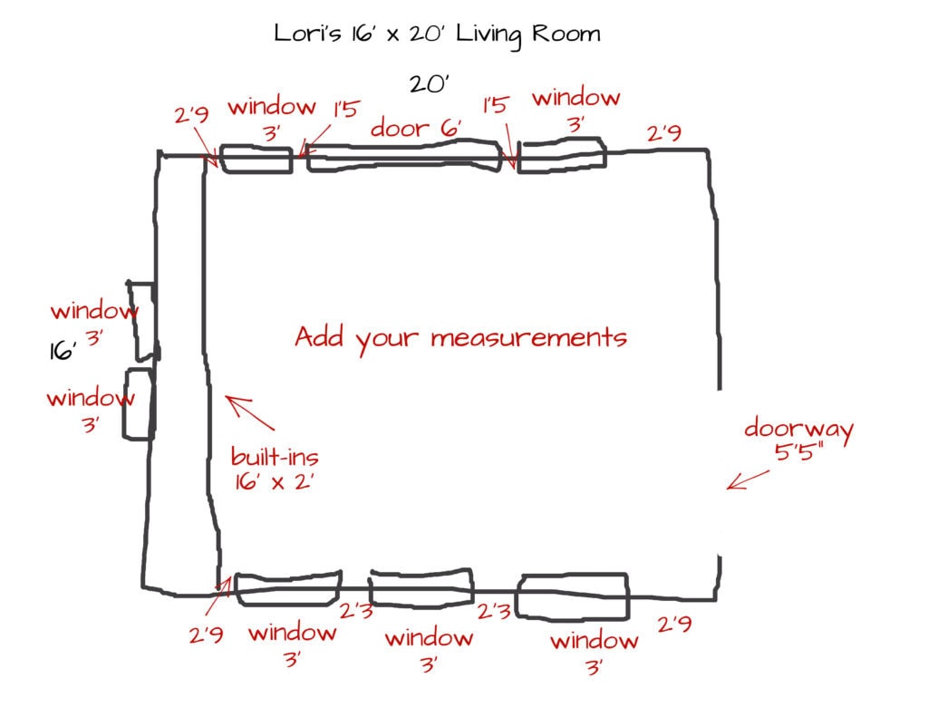 hand drawing of a floor plan with measurements