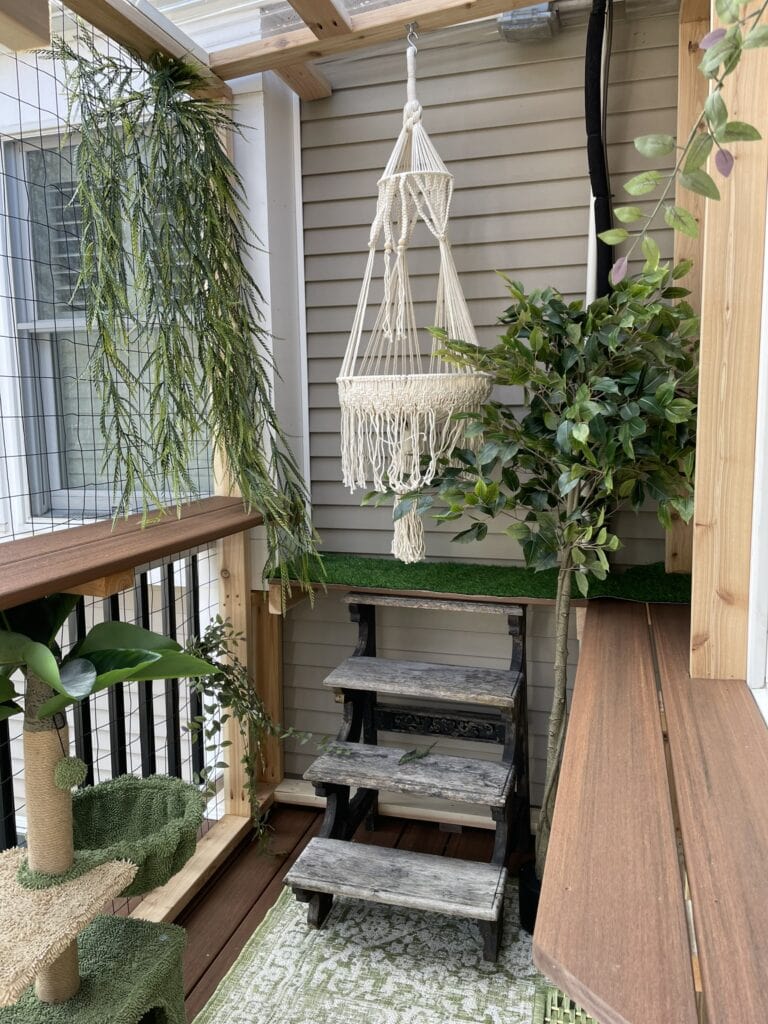 catio interior view with plants, stairs, and hammock