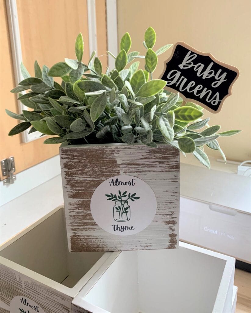 Plant stakes in a wooden box for a garden themed baby shower for centerpieces.  