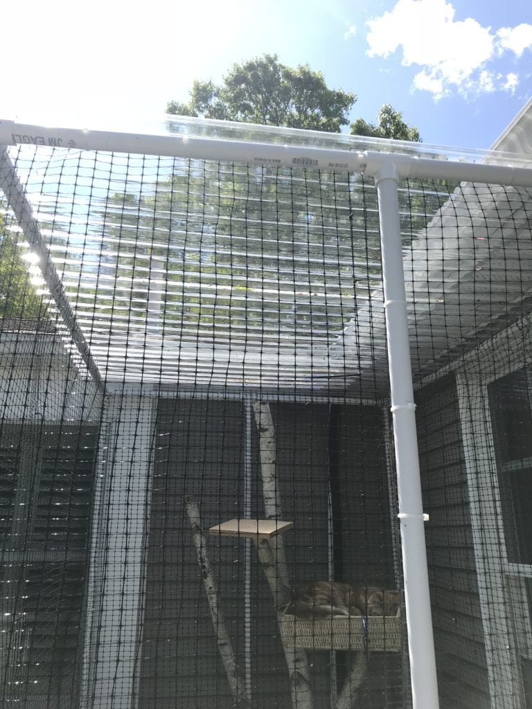 close up of the plastic roof on top of a custom made catio or cat enclosure