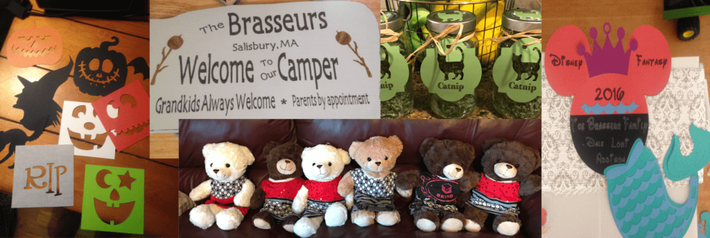 pics of various Cricut projects made.  Halloween stencils, Camper sign, Catnip tags, Memory Bears, Disney Cruise door sign.  What do you do with a Cricut machine?