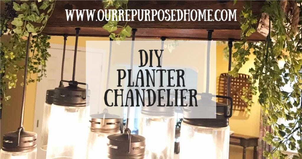 DIY planter chandelier with mason jars and a wood planter