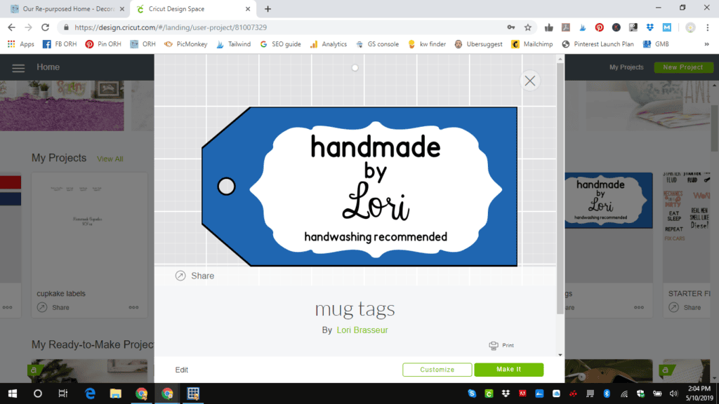 Pic of Cricut Design Space page with a handmade tag.  What do you do with a Cricut machine?