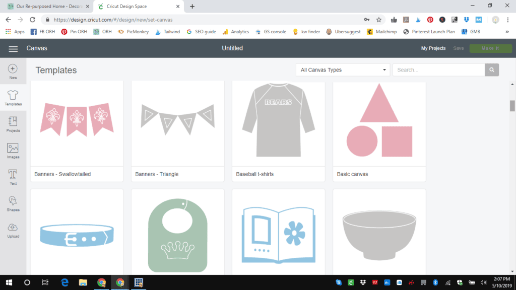 Pic of Cricut Design Space templates page.  What do you do with a Cricut Machine?