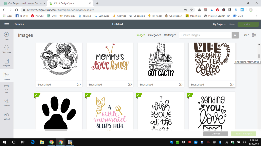 Pic of Cricut Design Space Images page. What do you do with a Cricut machine?