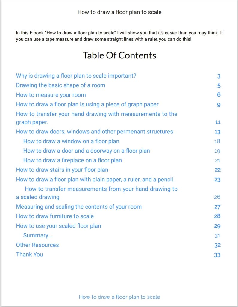 Table of Contents for floor plan Ebook