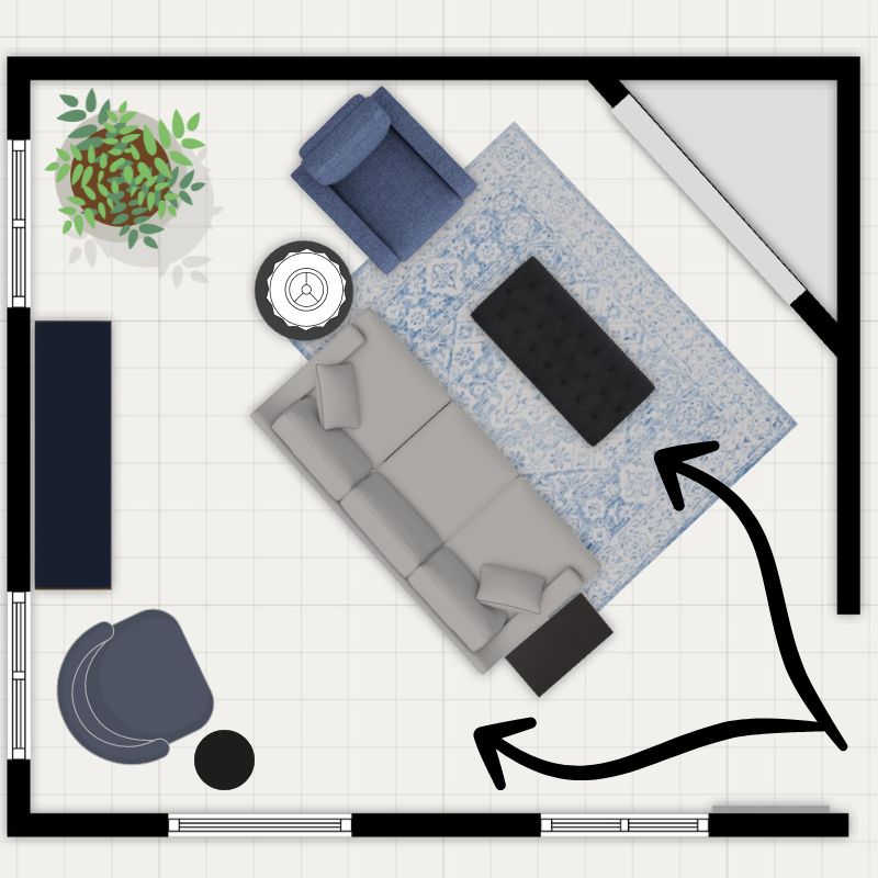 corner fireplace furniture arrangement showing traffic flow thru the room