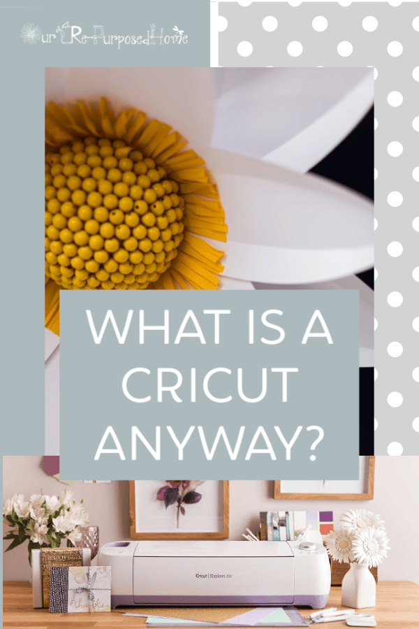 Pinterest pin showing a Cricut machine with flower art.  What do you do with a cricut machine.