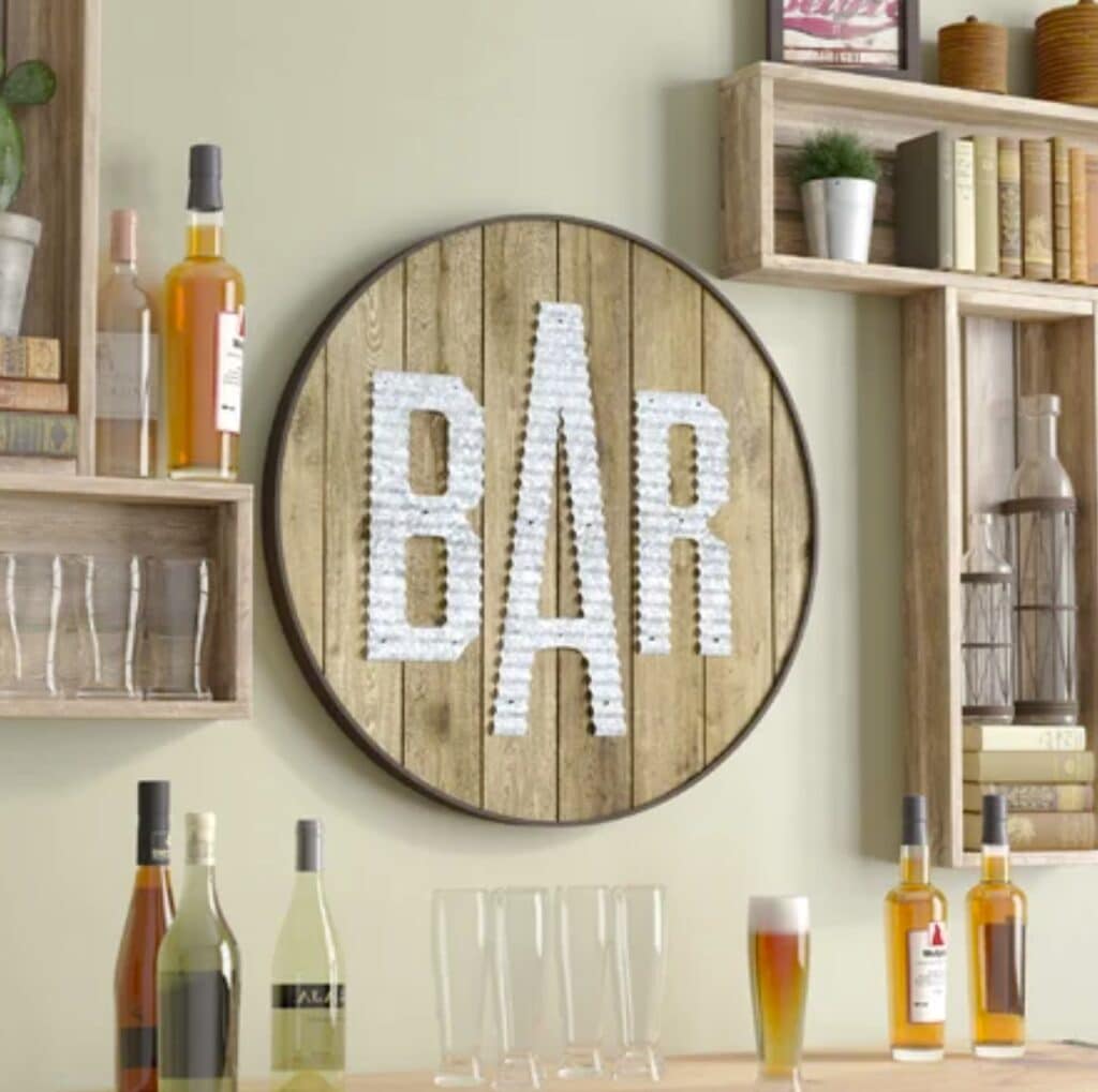 bar sign over whiskey barrel