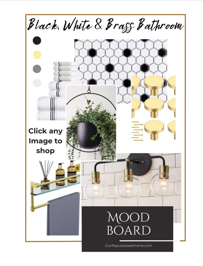 black, white, and brass bathroom mood board
