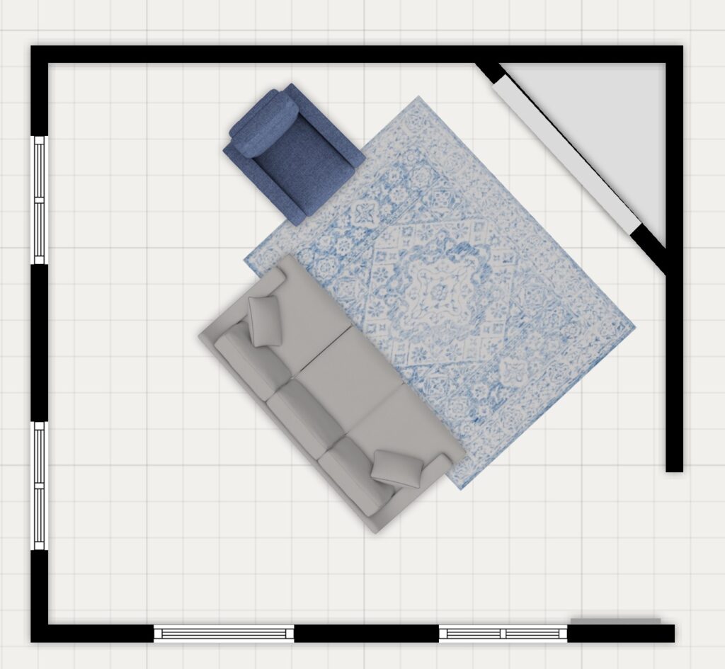 corner fireplace with basic furniture arrangement