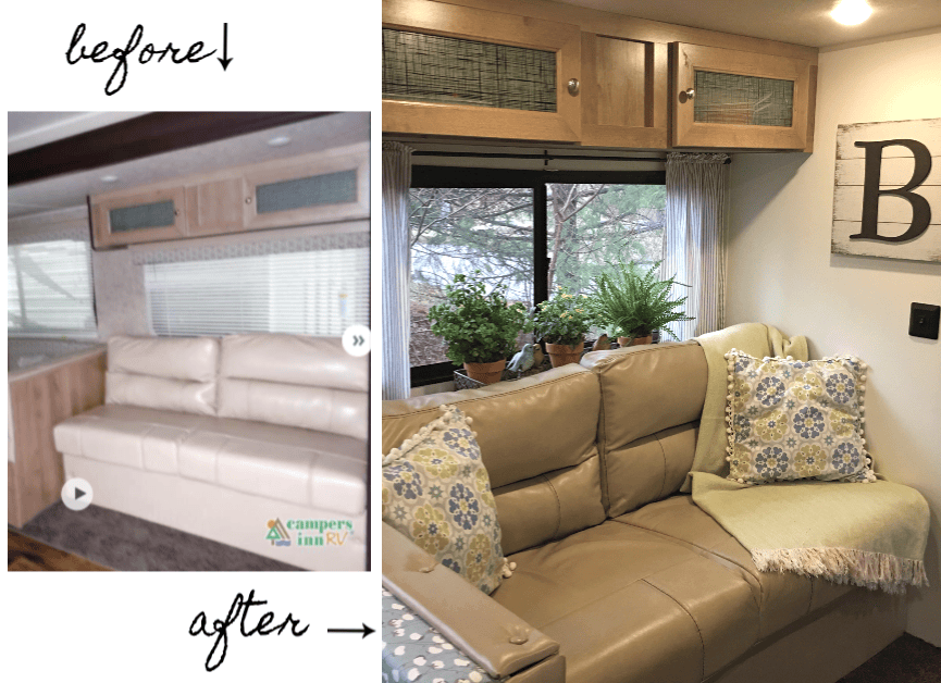 RV reno before and after of the sofa area