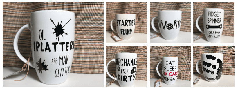 picture of assorted "car guy" mugs designed with the Cricut Machine and vinyl.  What do you do with a Cricut machine?