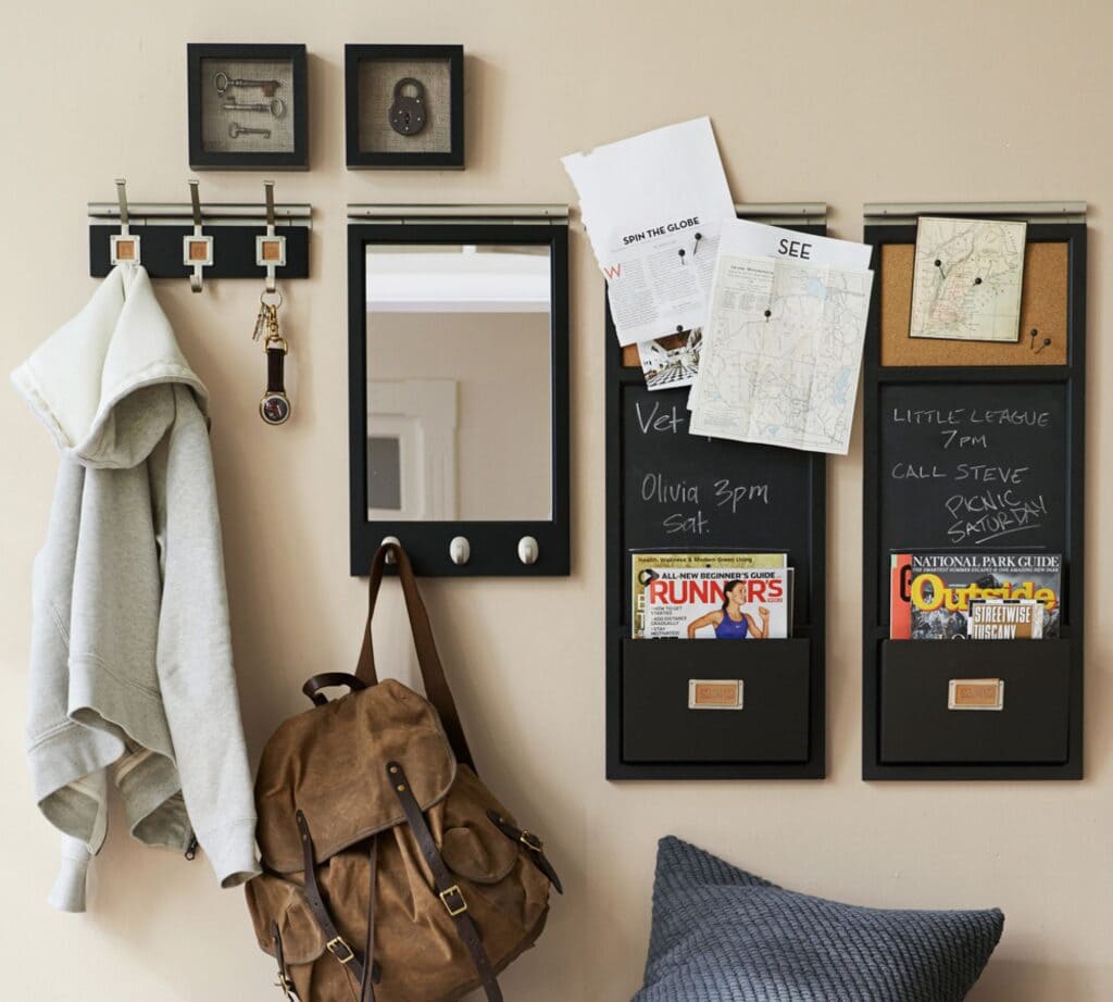 Organized wall with black framed organizers