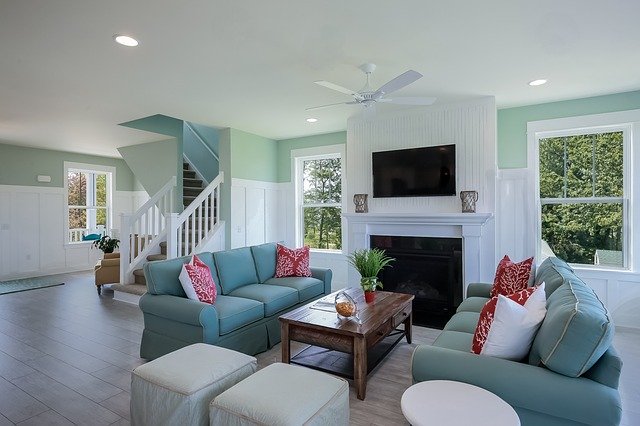 pretty blue and white living room