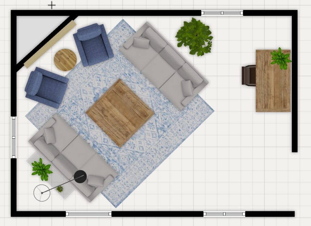Furniture arrangement for a large room with a corner fireplace