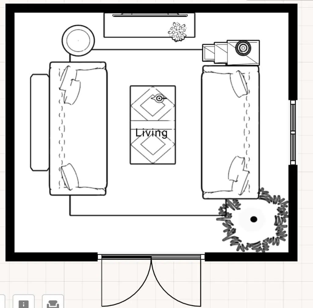 floor plan of a small living room arrangement for two sofas in a living room