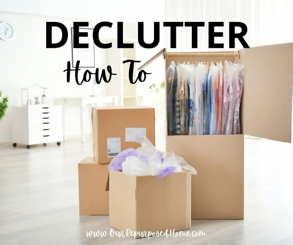 boxes in living room for decluttering