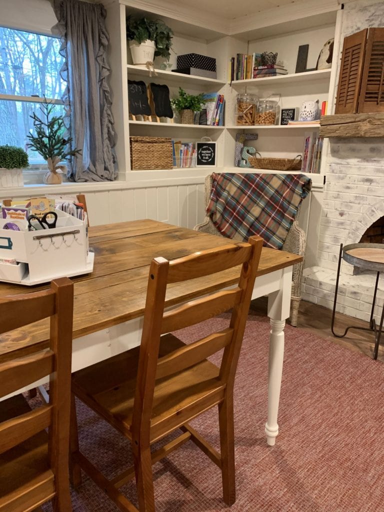 How to finish a pine farmhouse table.  Finished table in room.