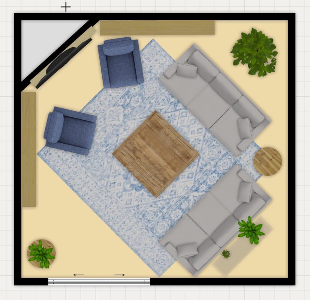 furniture arrangement with tv over the corner fireplace