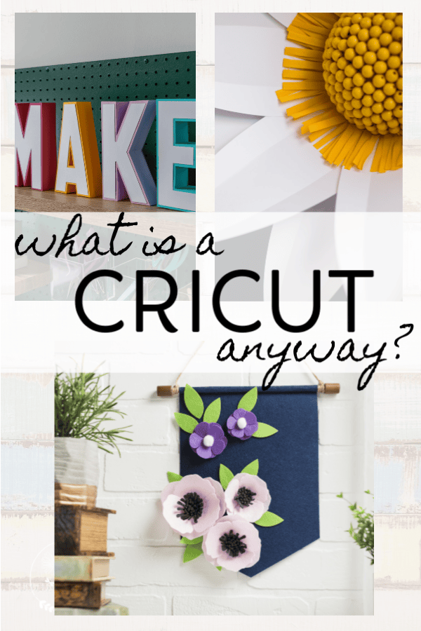 What is a Cricut anyway?  Pic of different projects you can make such as a make it sign, floral art and banner.