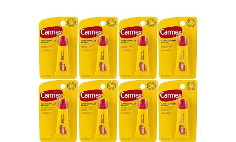 Carmex classic lip balm medicated, yellow packaging, 12 tubes for dry chapped lips.