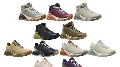 Collection of lightweight hiking shoes in various colours and styles for outdoor adventures.