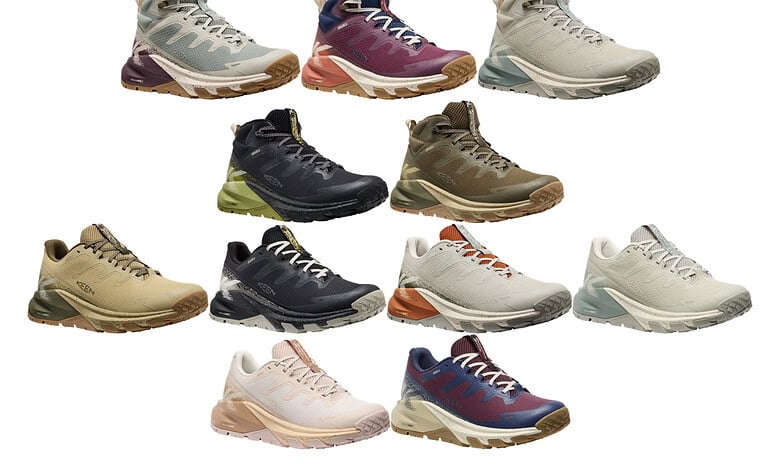 Collection of lightweight hiking shoes in various colours and styles for outdoor adventures.