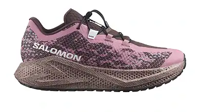 Running shoe in pink and grey with Salomon branding, designed for trail running and outdoor activiti.