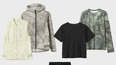 Outdoor sportswear including jackets, t-shirts, and leggings for active outdoor pursuits.