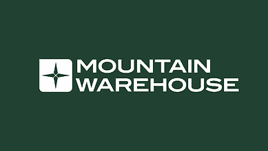 Mountain Warehouse logo on a green background, outdoor apparel brand branding.