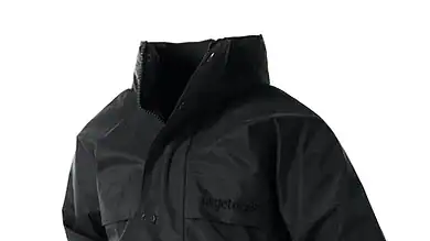 Black waterproof outdoor jacket for hiking and outdoor activities.