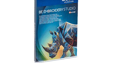 Brightly coloured embroidery kit featuring a geometric rhinoceros design for creative outdoor enthus.