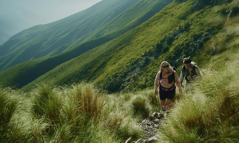 Hikers trekking through lush green mountain landscape in outdoor adventure setting.