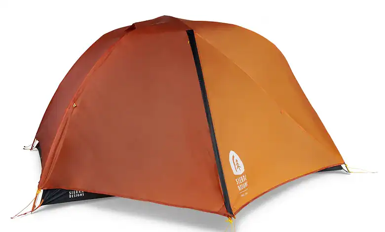Orange lightweight camping tent for outdoor adventures and hiking trips.