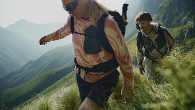 Two hikers trekking through lush green mountains in outdoor gear.