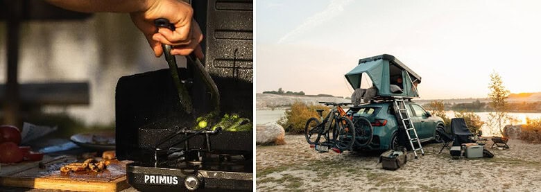 Two-burner stove for van-life and camping from Primus in outdoor setting.