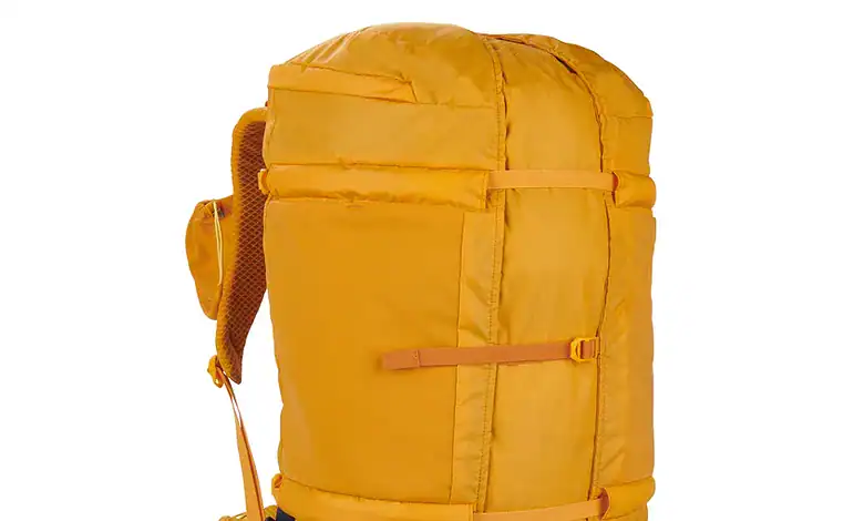 Bright yellow outdoor hiking backpack with multiple compartments and adjustable straps for camping a.