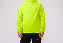 Bright neon yellow women's running jacket with hood, lightweight and waterproof.