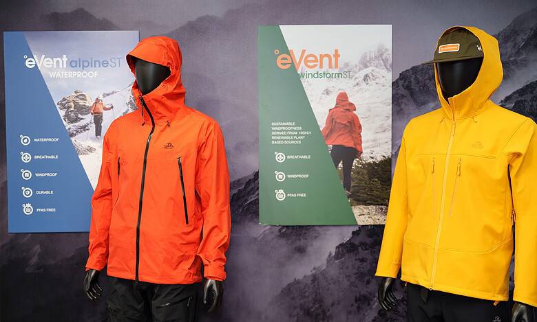 Colorful waterproof jackets for outdoor activities on mannequins.