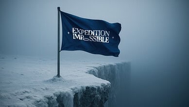Blue flag with white text 'Expedition Impossible' on snowy cliff edge.